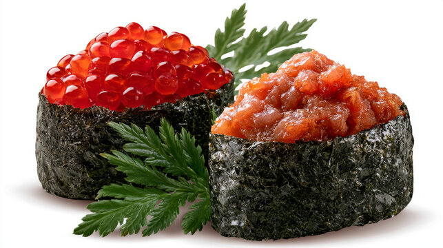 Tasty sushi rolls featuring salmon roe and spicy tuna beautifully garnished with fresh green leaves