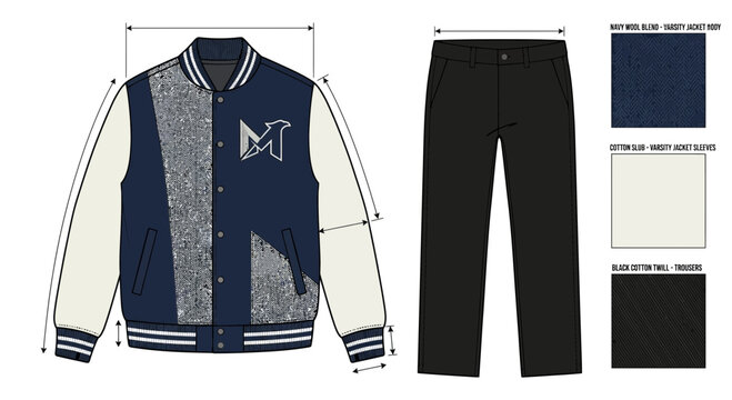 Varsity Jacket and Trousers Fashion Technical Flat Sketch