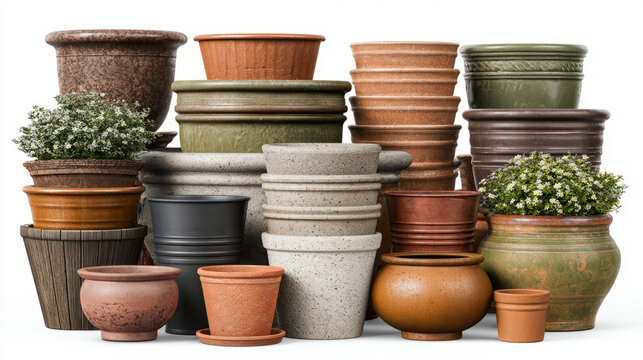 A collection of various flower pots in different shapes sizes and materials for gardening and home decor
