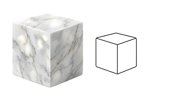 Marble cube 3D render, white stone block with grey veins, geometric square shape, minimalist pedestal for product display