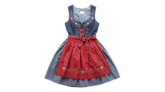 Traditional dirndl dress with red apron, blue embroidered bodice folk costume, authentic Bavarian trachten for Oktoberfest celebrations
