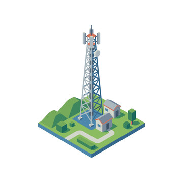Isometric Telecommunications Tower with Base Station and Antennas.