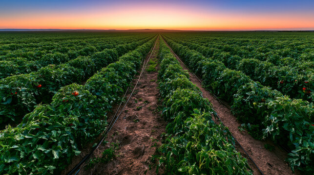 Colorful sunset illuminating verdant tomato fields in a picturesque countryside setting