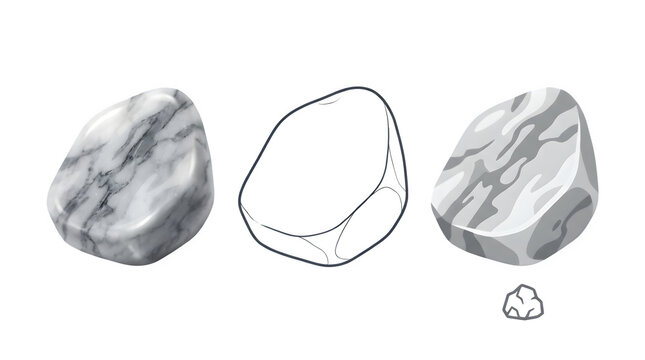 Polished marble stone set, realistic mineral rock illustration, white and grey marble texture icons on white background