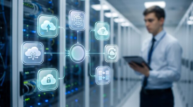 IT professional holding tablet with cloud computing holographic interface featuring icons for data storage global connectivity and networking in a modern server room data center facility