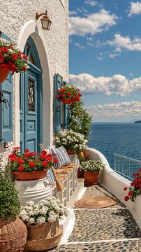 Charming whitewashed house with blue door and vibrant