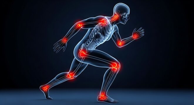 Transparent human body showing painful joints in a running pose