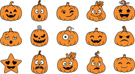 Fototapeta premium Halloween pumpkin emoji set, 15 orange jack-o-lantern icons with funny faces, spooky cartoon pumpkin characters for autumn holiday decor