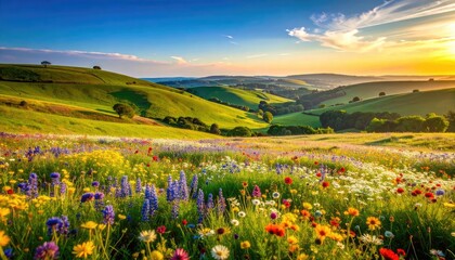 Obraz premium A vibrant meadow bursts with colorful wildflowers under a golden sunset.