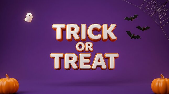 A festive halloween background featuring the words trick or treat in bold text with pumpkins and bats on a vibrant purple backdrop design