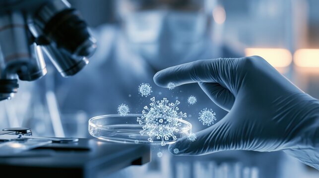 Scientist examining holographic virus particles in laboratory