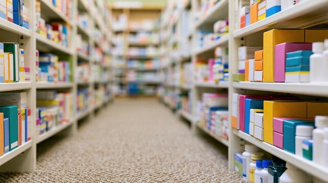 Colorful medicine boxes on pharmacy shelves