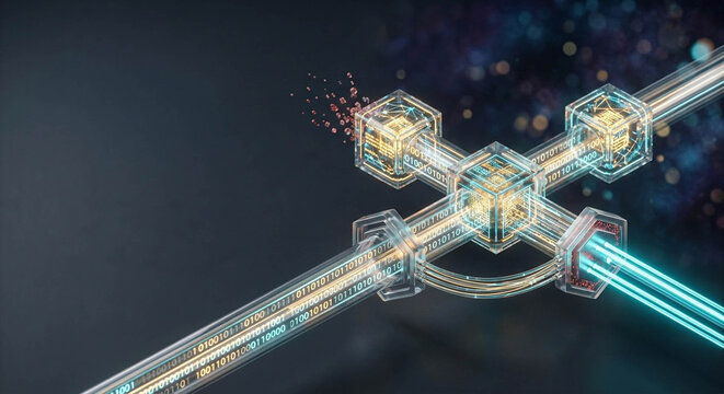 AI generated 3D render of futuristic cryptographic data hub processing binary streams through secure glass modules