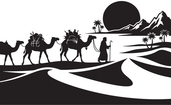Silhouette of a caravan of camels with a traveler walking in the desert at sunset with mountains and palm trees in the background