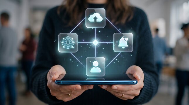 Person holding digital tablet with holographic cloud computing icons and network notification symbols representing modern cloud infrastructure and data management systems in office
