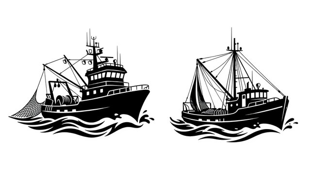 Black and white fishing boats navigating ocean waves in a vintage vector illustration style with fishing boat illustration monochrome transport