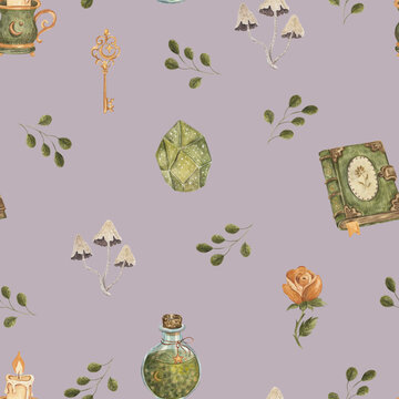 Watercolor witchy seamless pattern with magic book, crystal, potion and botanical elements on lavender background