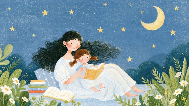 Continuous Learning under the stars with mother and daughter reading a book in nature
