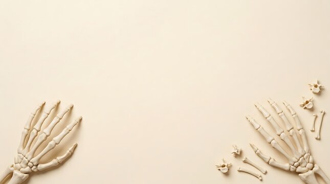 Minimalist halloween background featuring human skeleton hands placed on a soft beige surface with empty space for your custom holiday seasonal text