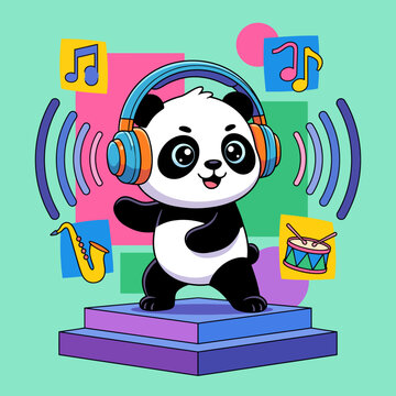 A playful logo featuring a cute panda wearing headphones, dancing to music, symbolizing joy and fun, ideal for music-related projects or children's entertainment.