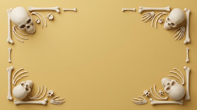 A festive halloween background featuring a decorative border made of human skulls and various bones arranged on a solid light brown surface