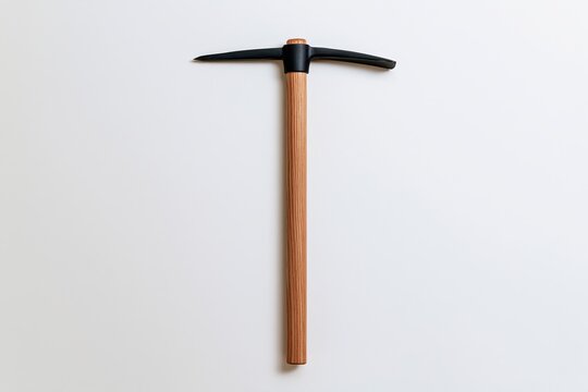 Black pickaxe with wooden handle against white background