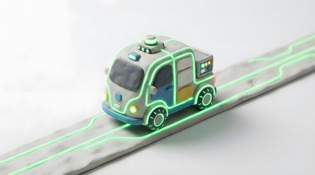Modern autonomous bus on glowing track