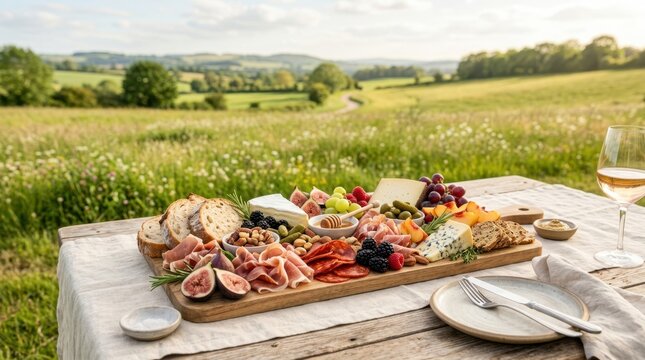 Gourmet charcuterie board with wine in a picturesque countryside setting