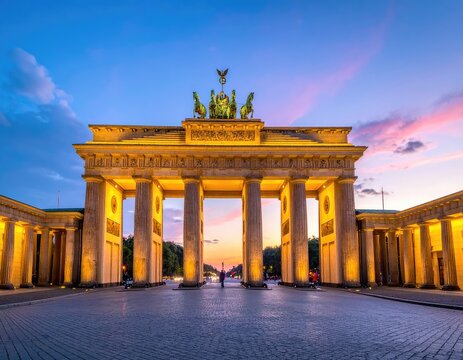 The iconic Brandenburg Gate in Berlin illuminated at dusk with a vibrant sky.