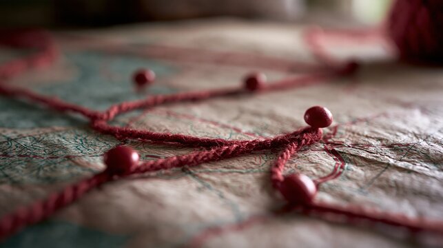 red beaded string on old map surface