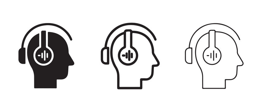 head icons wearing headphones with sound wave symbols isolated on transparent background