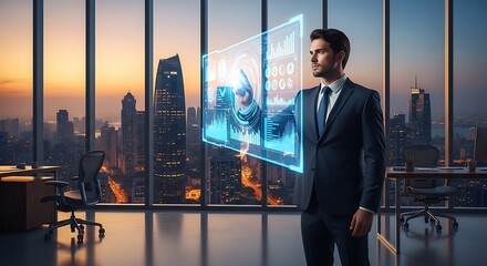 Fototapeta premium Businessman interacting with holographic data display in modern office at sunset