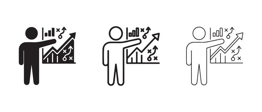 person analyzing business performance with upward trending graphs and strategy symbols isolated