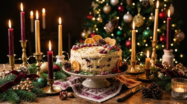 Festive Christmas cake with candles and decorations on a wooden table