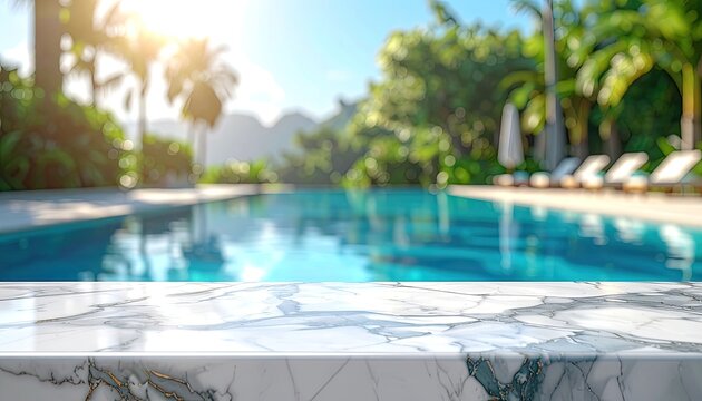 A marble surface in the foreground with a blurred tropical pool scene in the background.