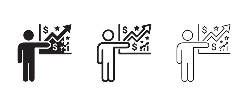 person analyzing upward trending financial growth charts with dollar signs and stars