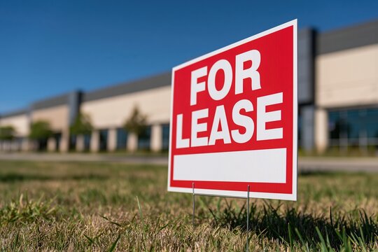 Red for lease sign on grass with building