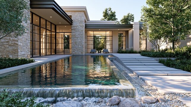 Modern luxury home with infinity pool and waterfall