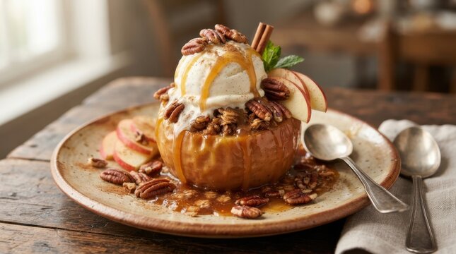 Warm baked apple dessert with ice cream, caramel, and pecans
