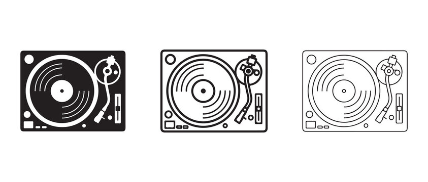 vinyl turntable icons with tonearm and controls illustrated in minimalist line art design