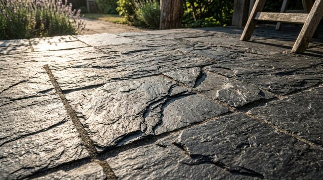 Sun-drenched natural slate tiles create a textured patio surface in a garden