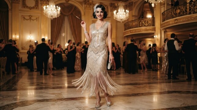 Elegant woman in a beaded flapper dress at a glamorous 1920s ballroom party