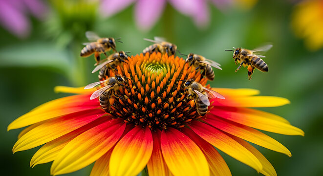 Bees on a bright yellow and red flower - Close-up of bees collecting nectar from a vibrant yellow and red flower in natural greenery.