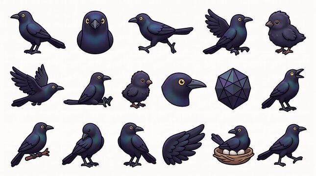 Various cartoon crows in different poses with a geometric shape and nest on white background