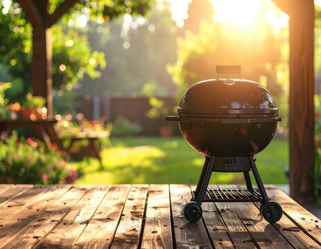 A barbecue grill sits on a wooden deck during a sunny afternoon.