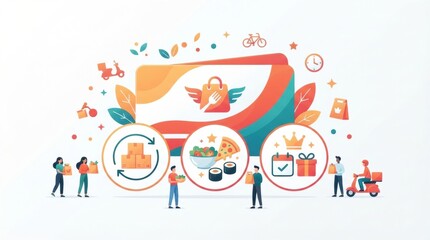 Fototapeta premium People interact with food delivery concepts showing packaging, menu items and subscription plans in a vibrant design.