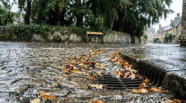 Fallen autumn leaves floating in clear water puddles on a stone paved road after a heavy rain shower.