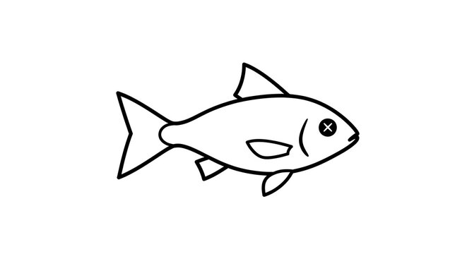 Cartoon dead fish with X eye on a plain white background