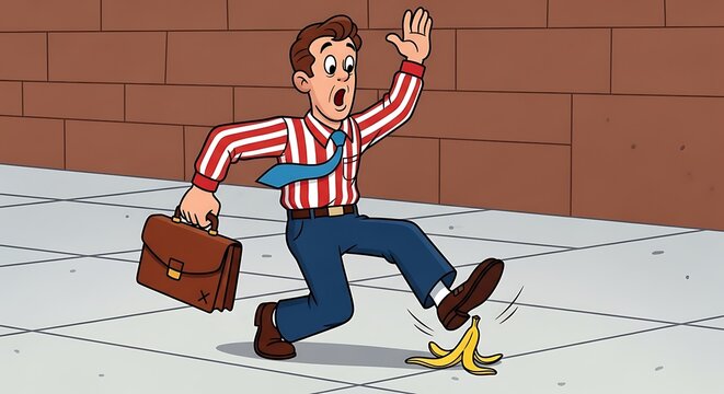 Cartoon businessman slips on banana peel on city sidewalk