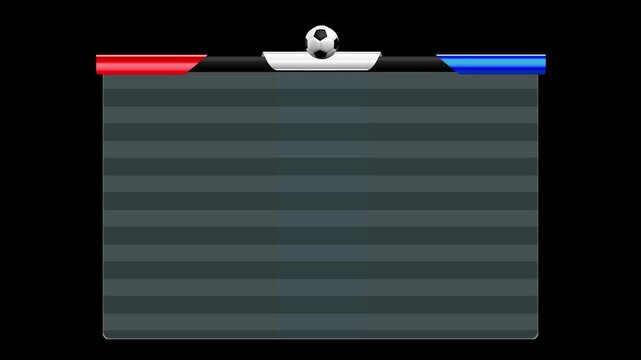 Soccer scoreboard graphic video overlay template with football and team color panels, designed for displaying match scores